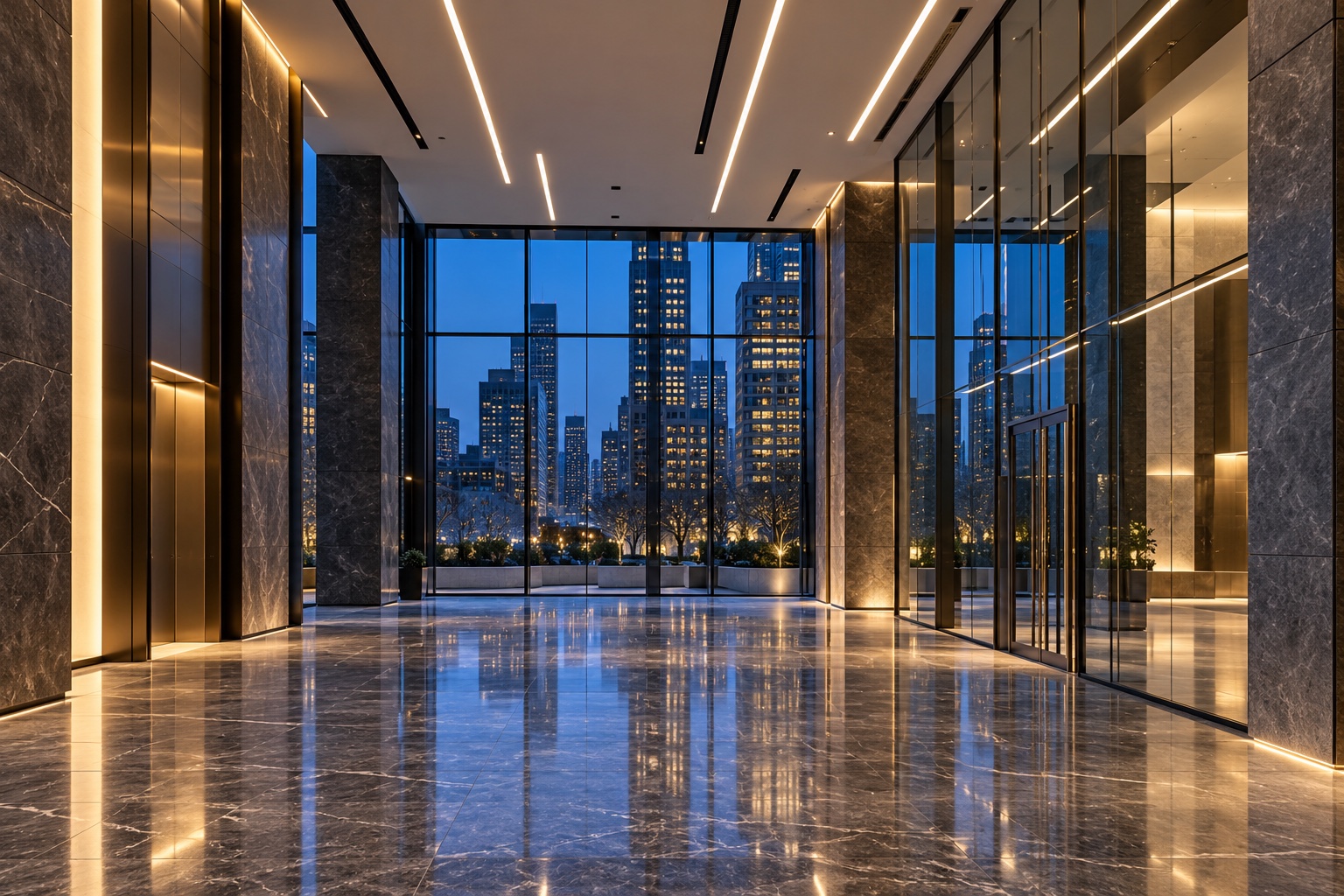 Illustrative commercial lobby with architectural lighting